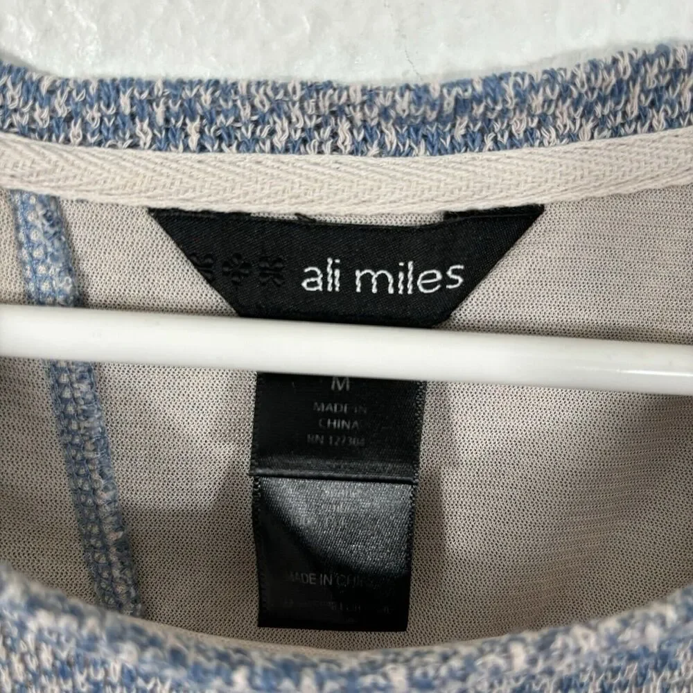 Ali Miles‎ Top Size M Knit Blue Beige 3/4 Sleeve Lagenlook Lace Accents